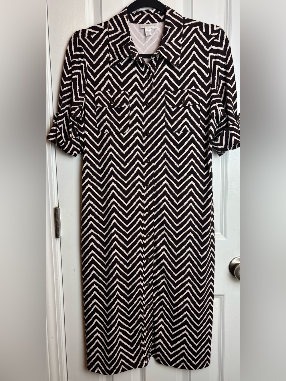 Deep Brown Cream/Off White Chevron Shirt Dress Med Roll Tab Sleeve Button Midi